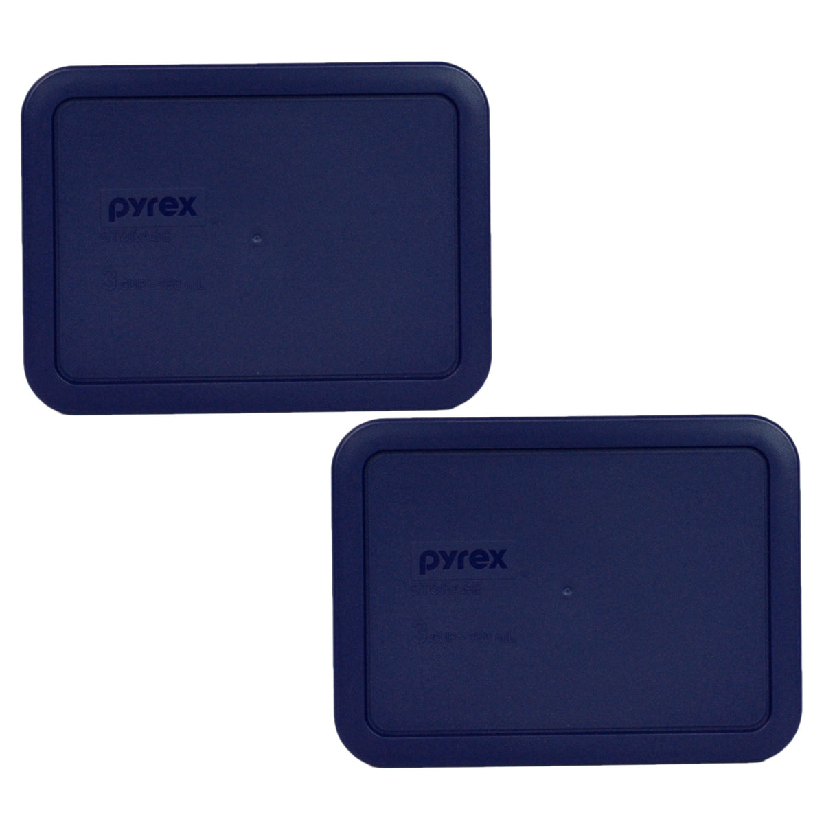 Pyrex 7210-PC blue rectangle lid on a Pyrex 3-cup container, non-porous for odor-free storage.