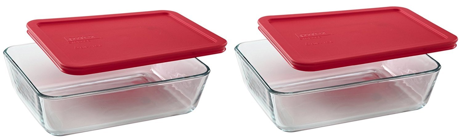 Pyrex 6-cup glass dish with red lid, versatile fridge, freezer, and microwave storage