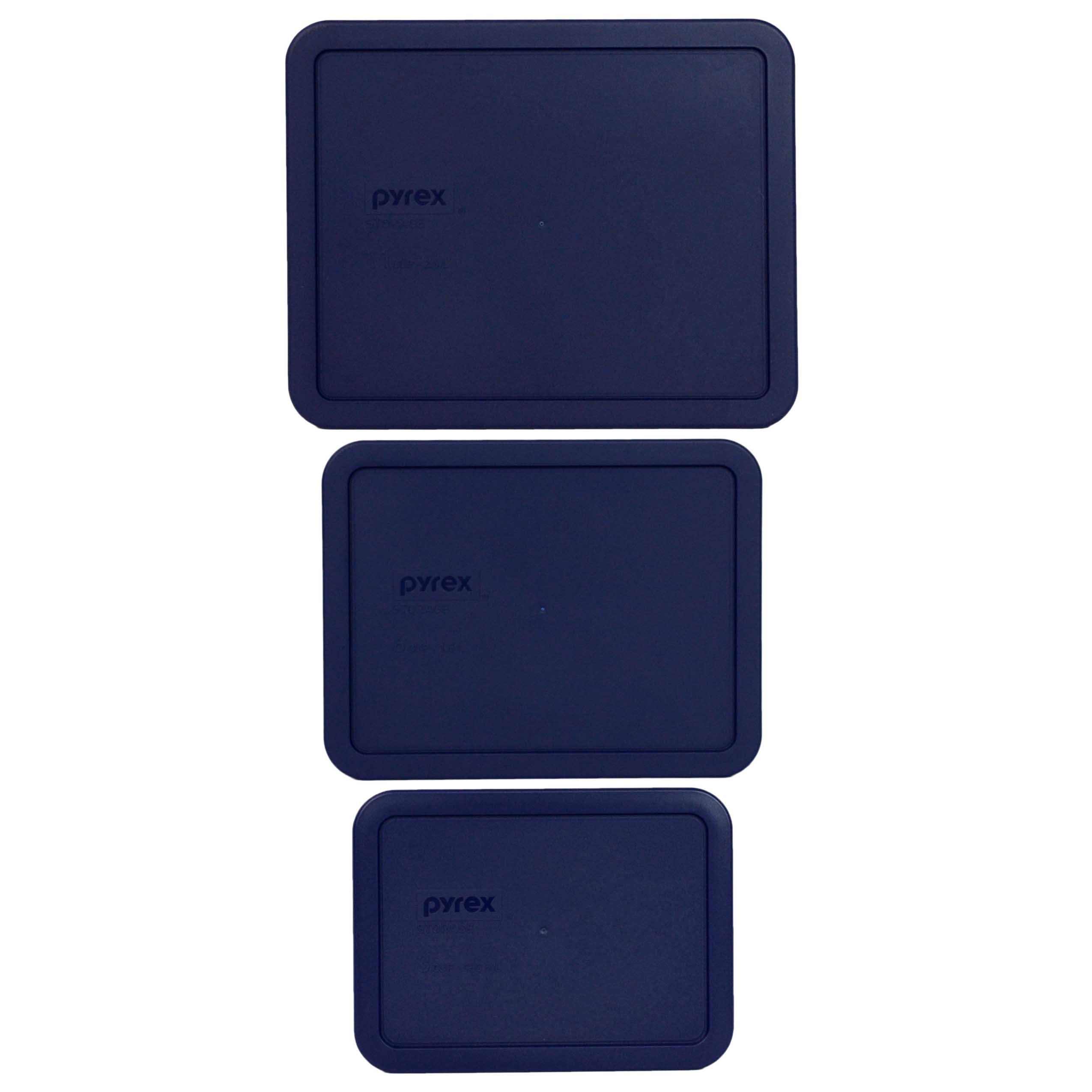 Pyrex 11-Cup blue lid on glass container for fresh fridge storage.