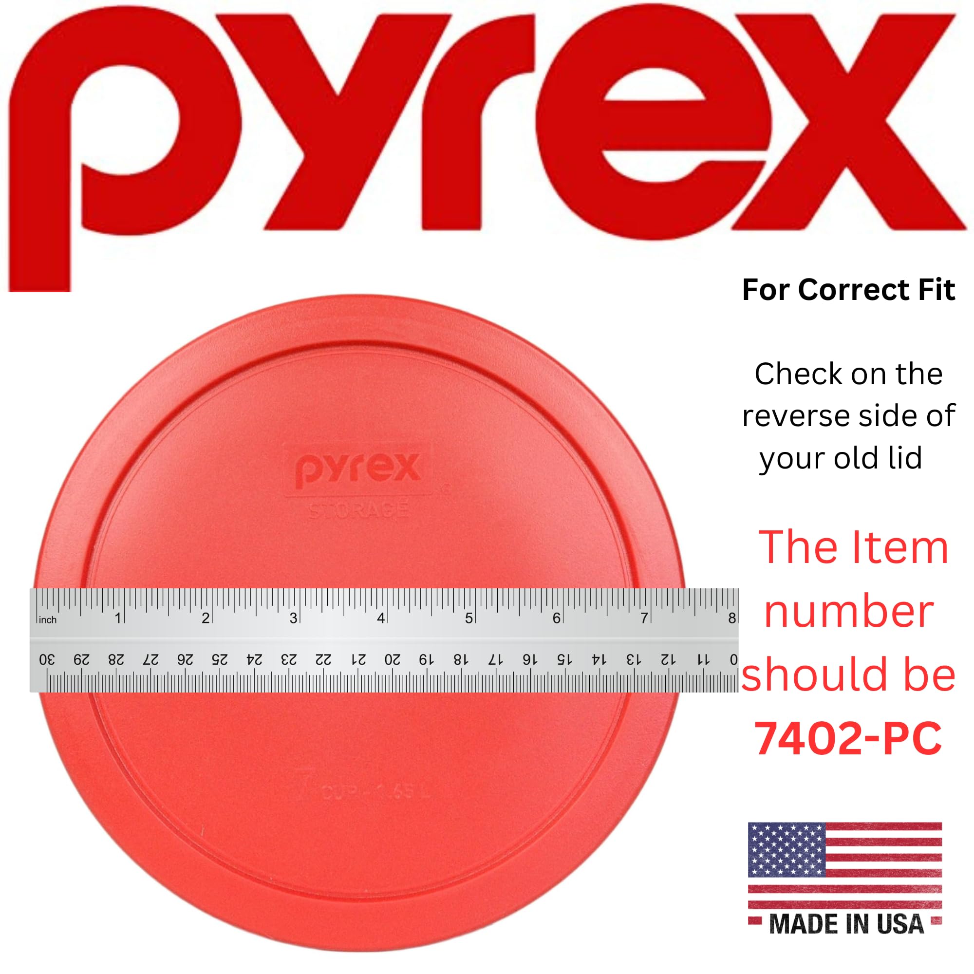 Close-up of Pyrex 7402-PC poppy red lid 2-pack showing durable BPA-free material.