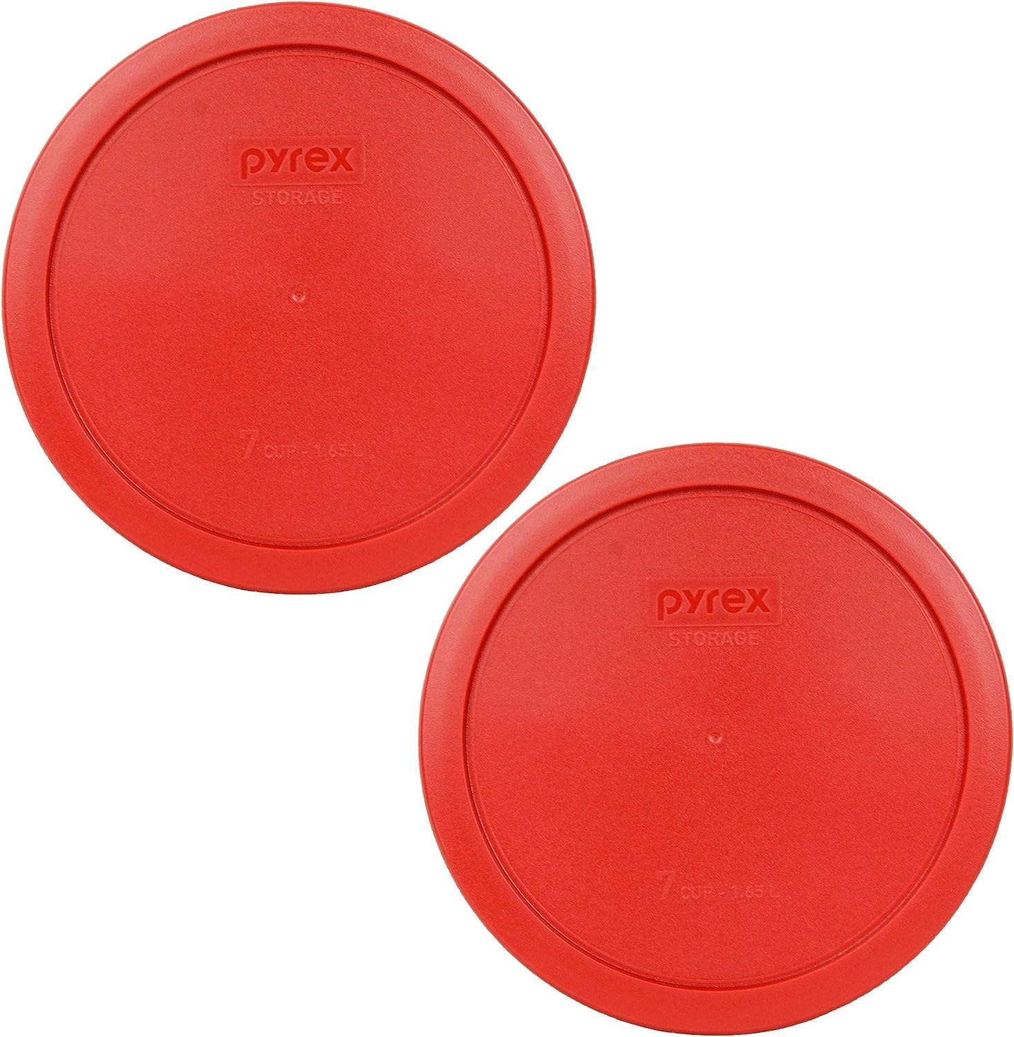 Pyrex 7402-PC poppy red lid 2-pack side view showing secure-fit lid for leftovers.