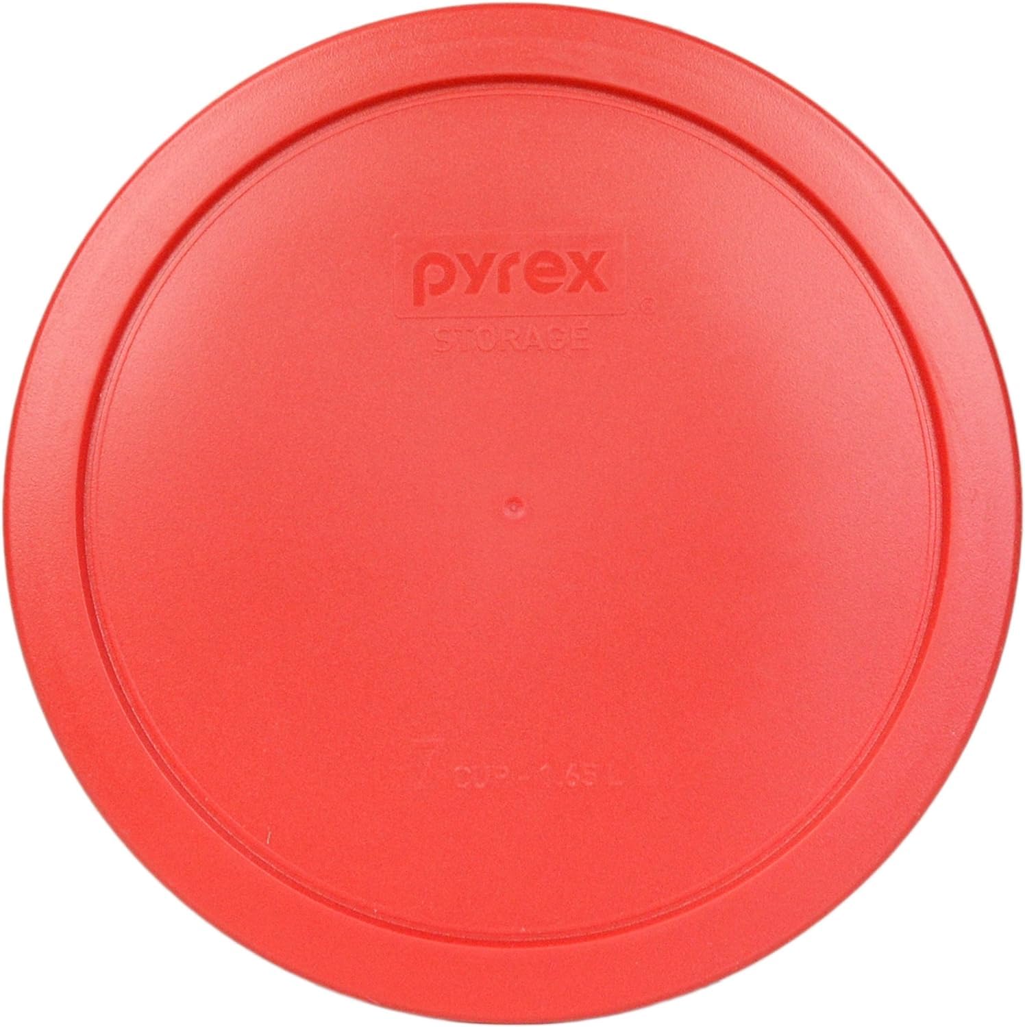 Pyrex 7402-PC poppy red lid 2-pack top view highlighting BPA-free plastic and microwave-safe use.