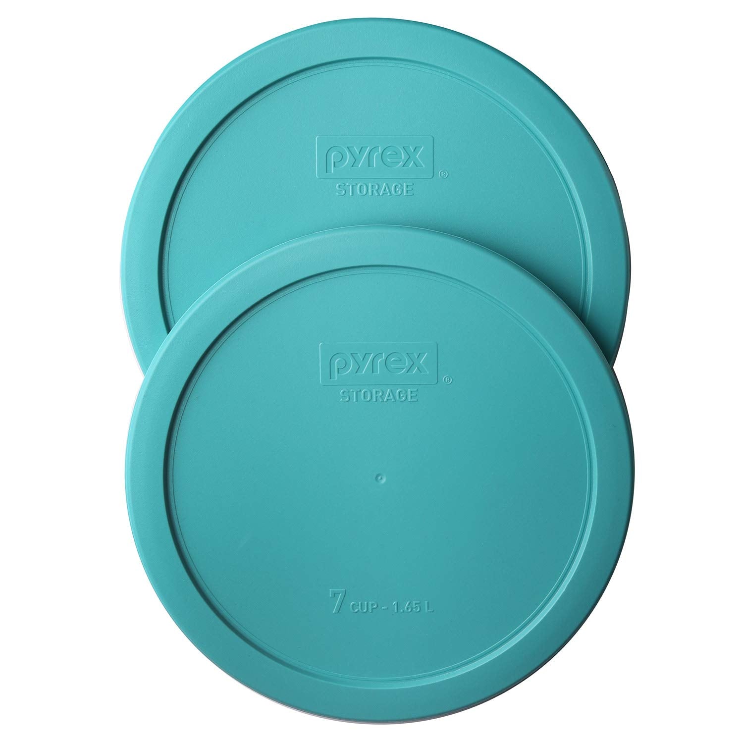 Pyrex 7402-PC turquoise lid 2-pack front view; durable BPA-free lids.