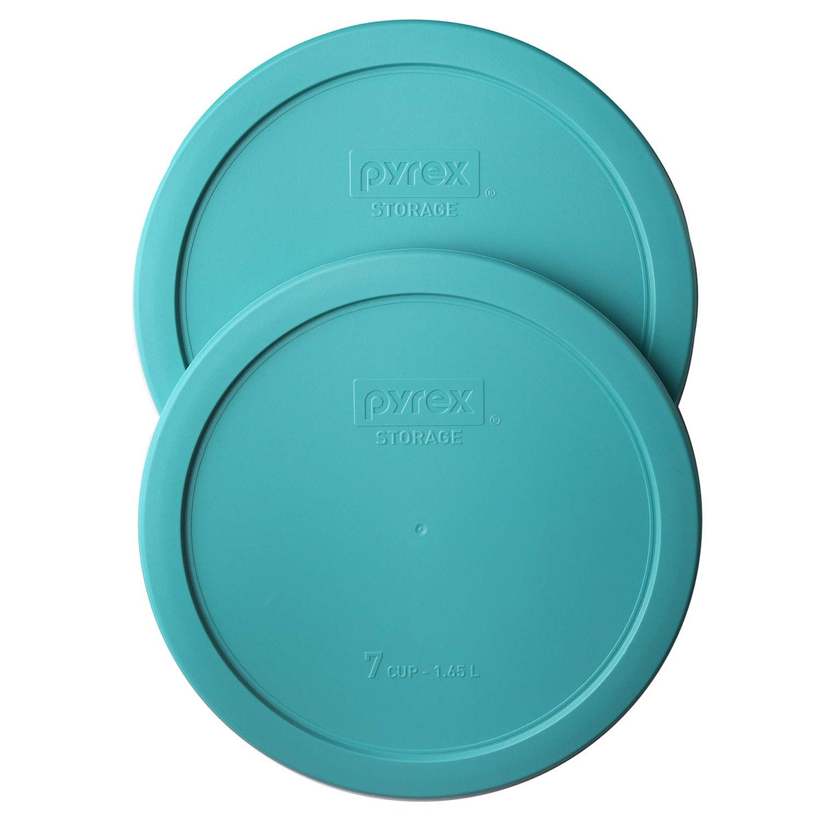 Pyrex 7402-PC turquoise lid 2-pack front view; durable BPA-free lids.