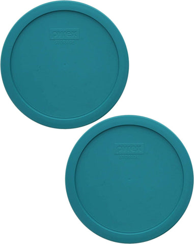 Pyrex 7402-PC turquoise lid 2-pack side view; fridge and microwave friendly.