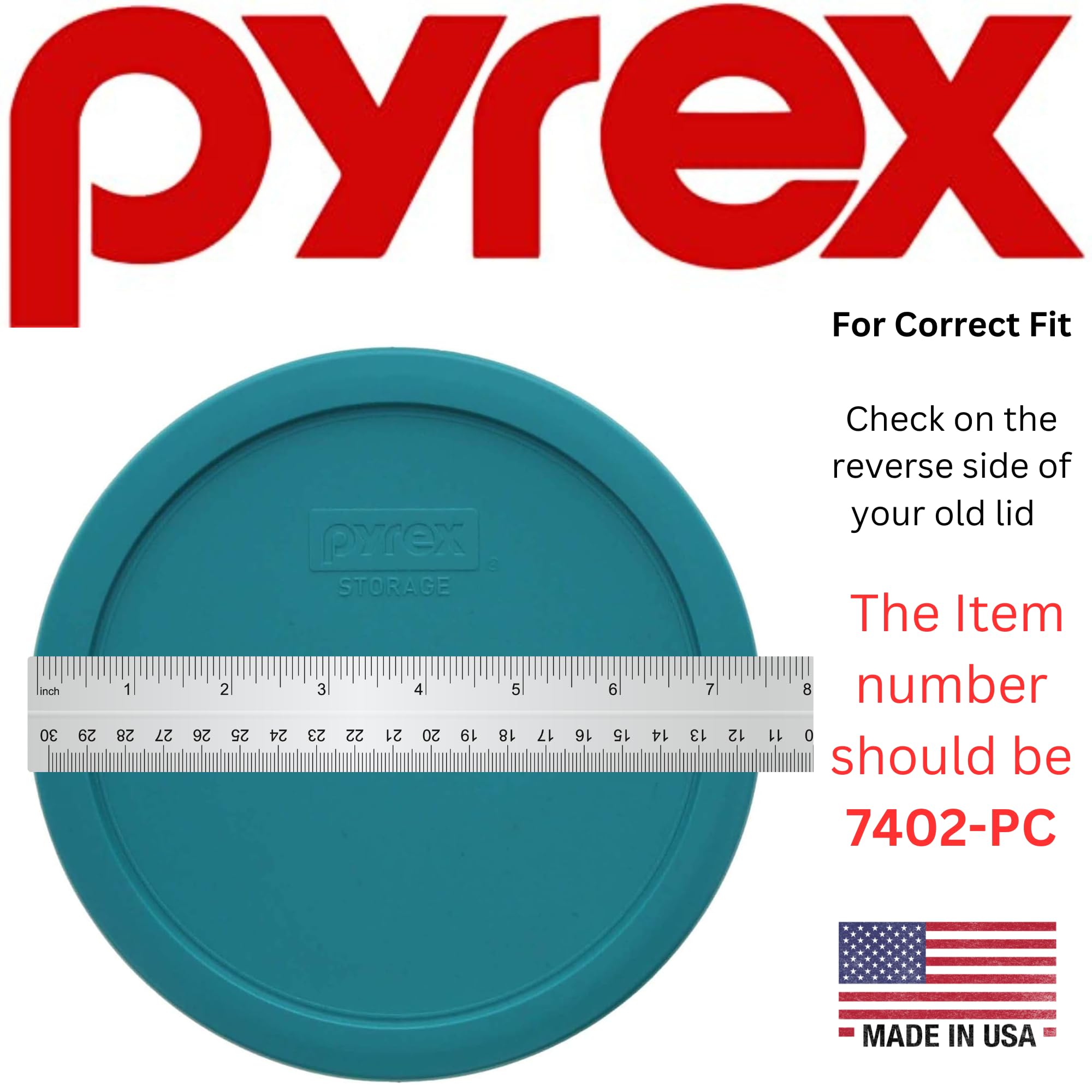 Pyrex 7402-PC turquoise lid; top-rack dishwasher-safe for easy cleanup.