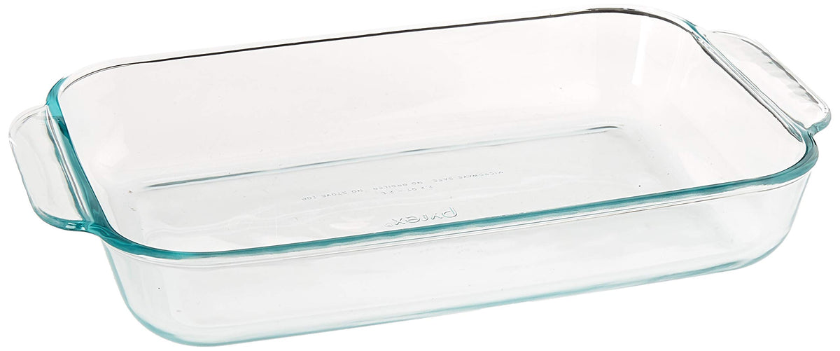 Pyrex Basics 2 Qt glass oblong dish, top view, clear glass resists stains and odors.