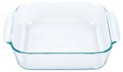 Pyrex Basics 8-square clear glass surface, nonporous and easy to clean.