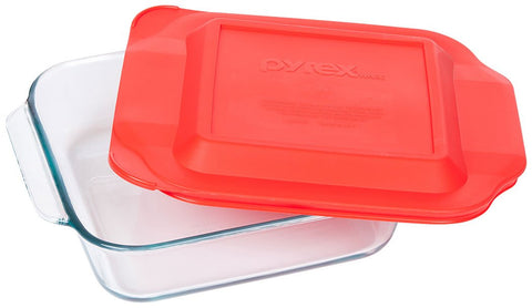 Pyrex Basics 8-square with red cover, top view, secure lid for storage.