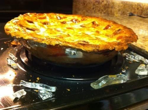 Close-up of Pyrex C-209 pie plate showing sturdy grip and versatile bake-ready design.