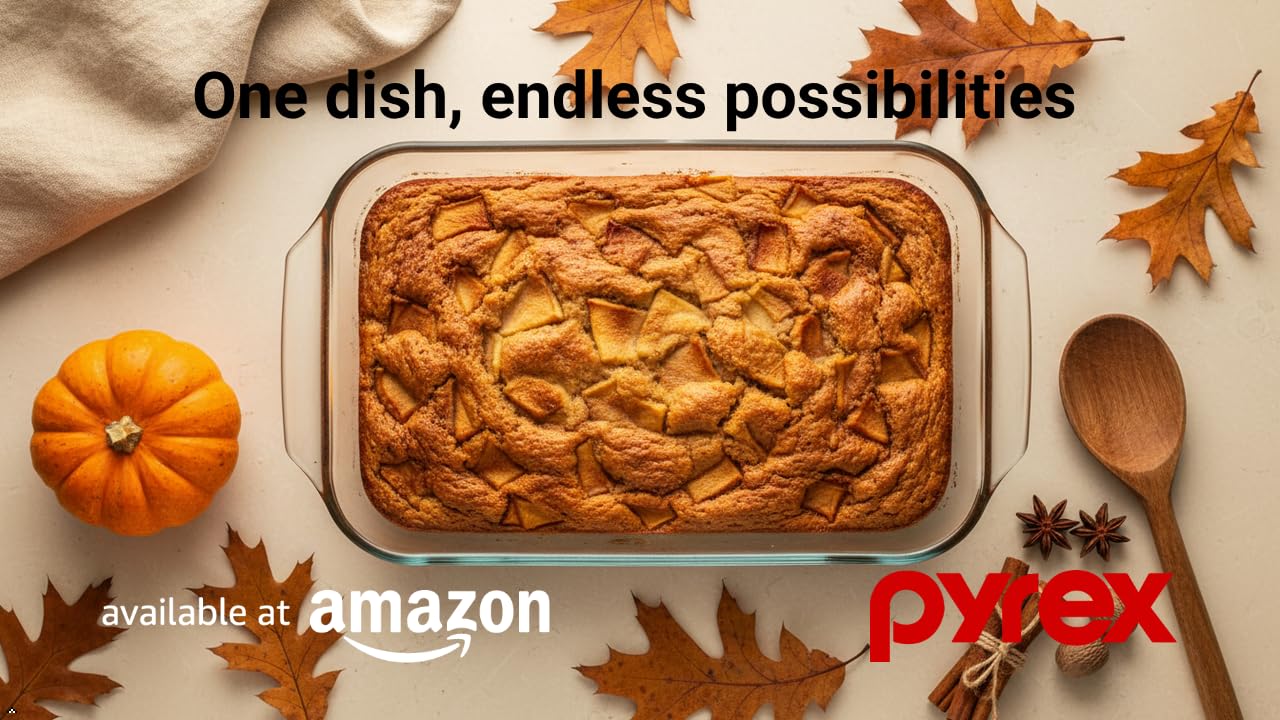 Pyrex clear glass baking dish, back view, easy cleaning and reuse.