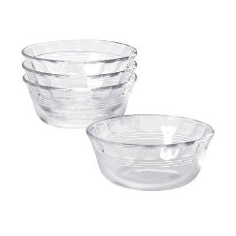 Pyrex 10 oz custard cups set of 4, clear glass, oven-safe for easy desserts.