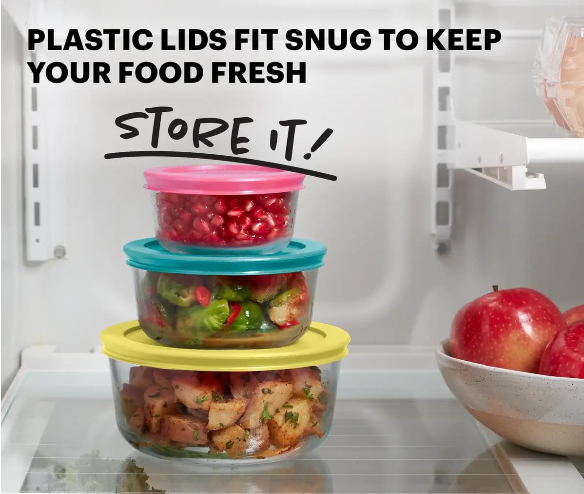 Pyrex 10pc set stacked containers for organized fridge storage.