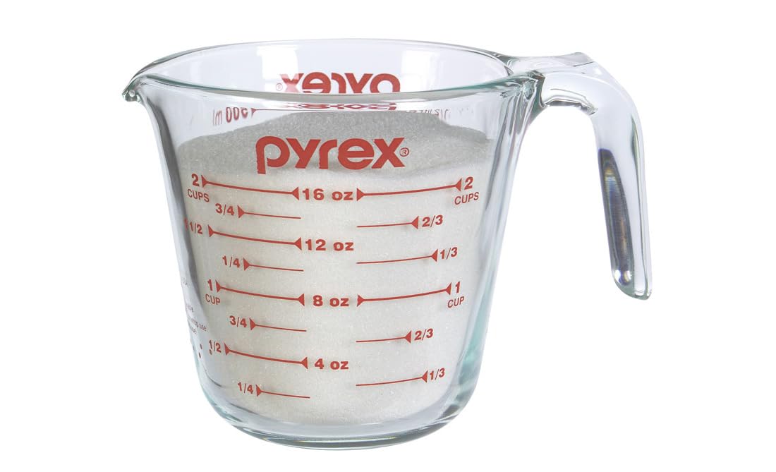 Pyrex Prepware measuring cup, oven safe for reheating or finishing recipes when needed.