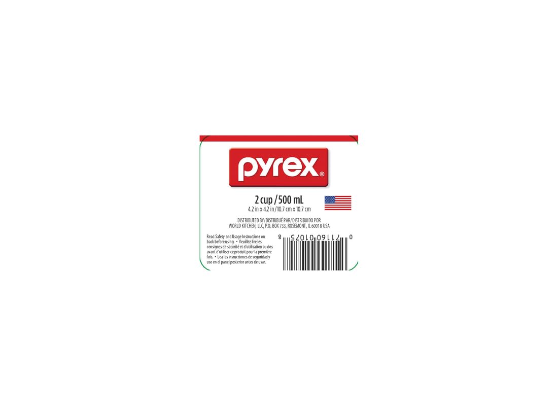 Pyrex Prepware cup measures 4.2 by 4.2 inches and weighs 1.42 pounds.