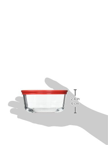 Pyrex set of 6 glass bowls with red lids for snacks and reheating.