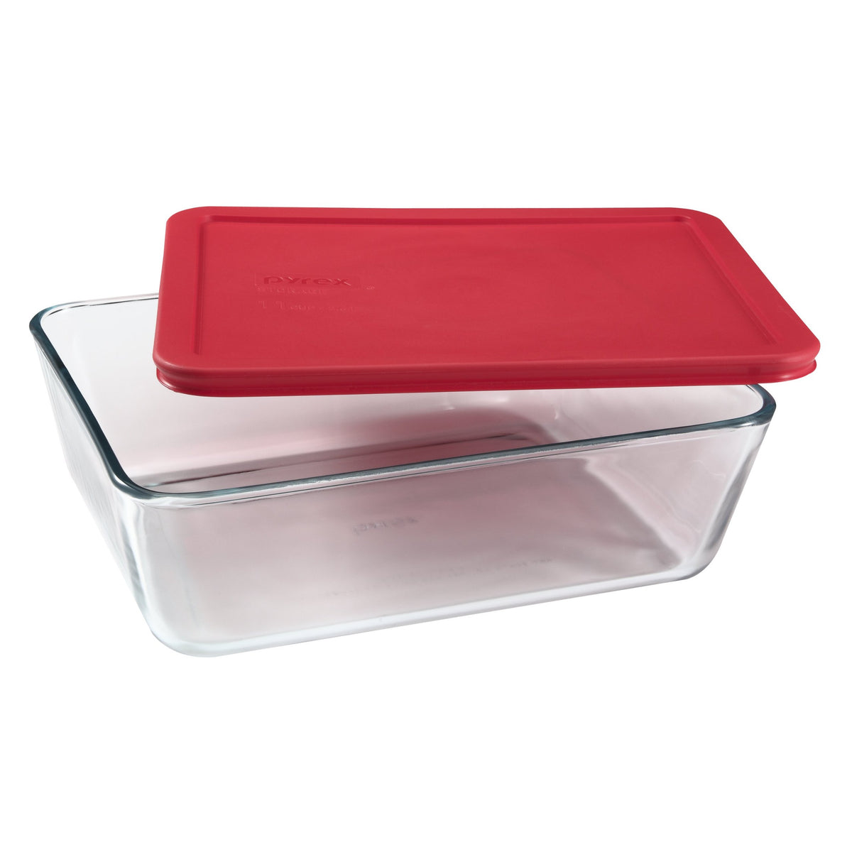Pyrex Simply Store 11-Cup rectangular dish, front view, clear glass for quick content visibility.