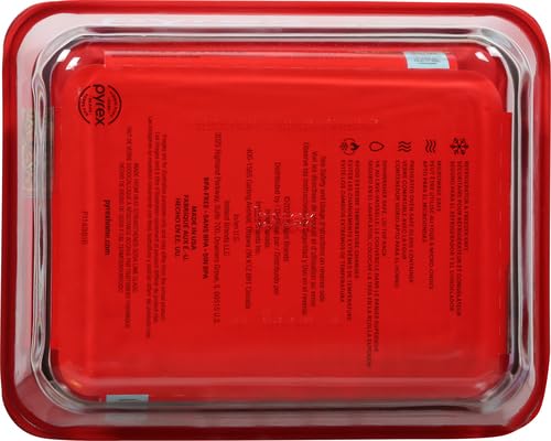 Pyrex Simply Store 11-Cup rectangular dish on kitchen shelf, efficient storage solution.
