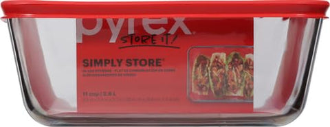 Pyrex Simply Store 11-Cup rectangular dish, stackable storage for space saving kitchen organization.
