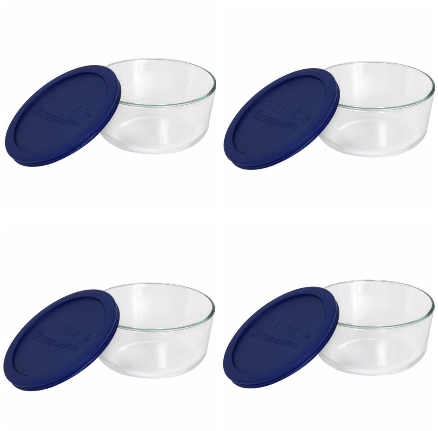 Pyrex storage 4-cup round dish with dark blue lid for fridge-to-oven use.