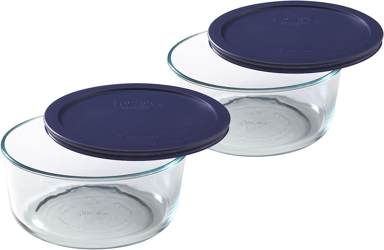 Pyrex Storage Plus 7-Cup round dish with blue lid, clear glass for visibility