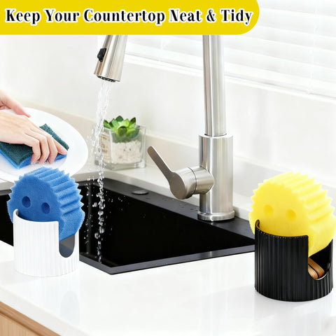 Pyrilo ceramic sponge holder with weighted base prevents tipping during busy tasks.