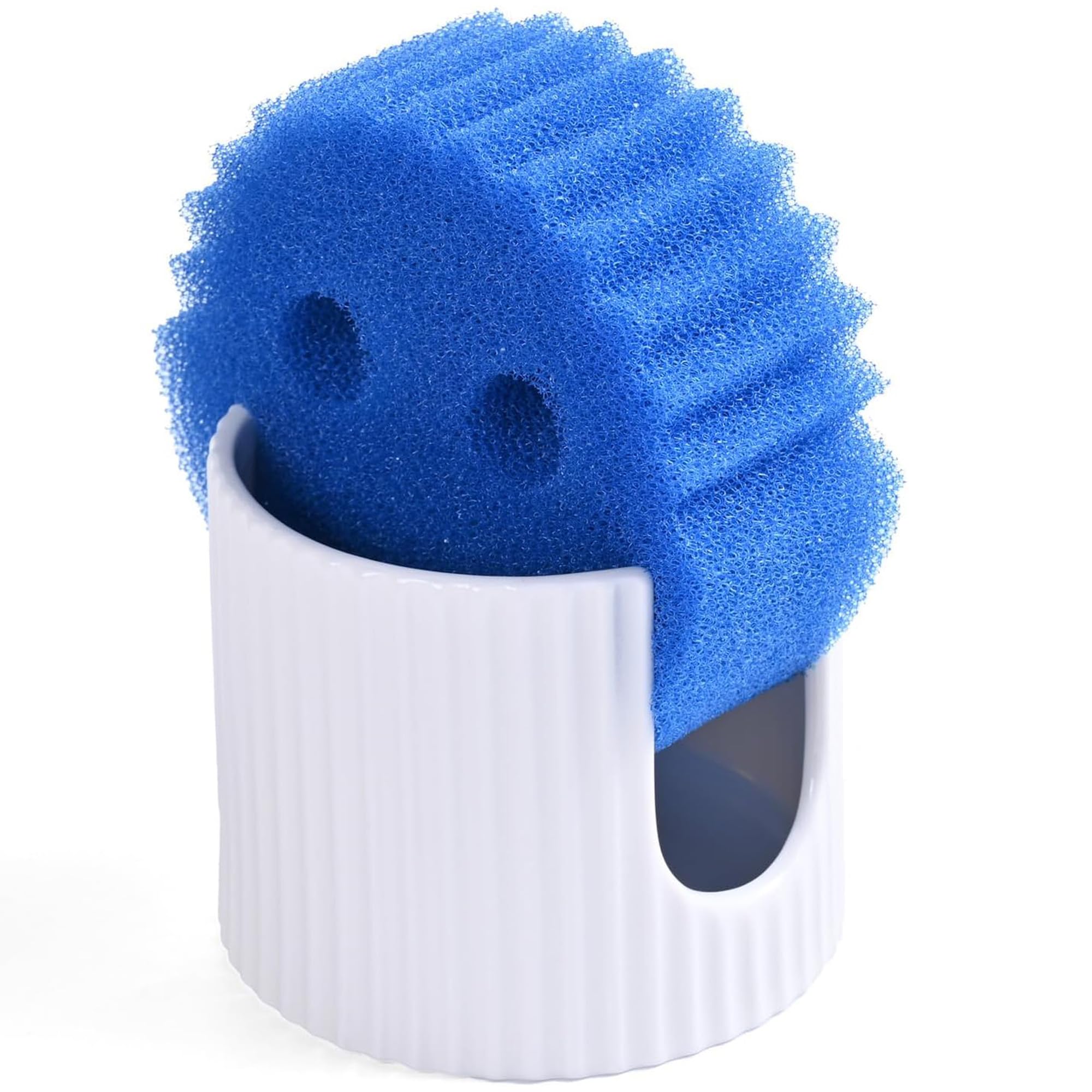 Pyrilo ceramic sponge holder with white vertical stripes, a stylish, space-saving kitchen accessory.