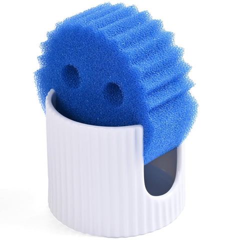 Pyrilo ceramic sponge holder with white vertical stripes, a stylish, space-saving kitchen accessory.