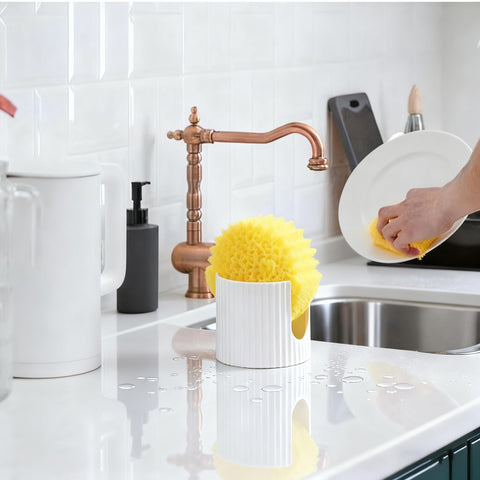 Pyrilo sponge caddy dishwasher-safe for quick, hygienic cleanup of sponges.