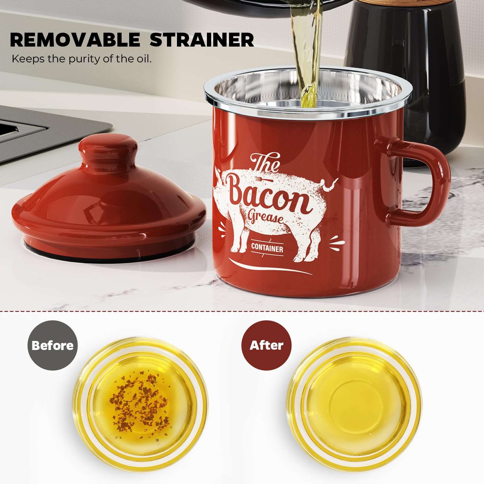 PGYARD enamel grease container shown as dishwasher-safe for easy cleanup
