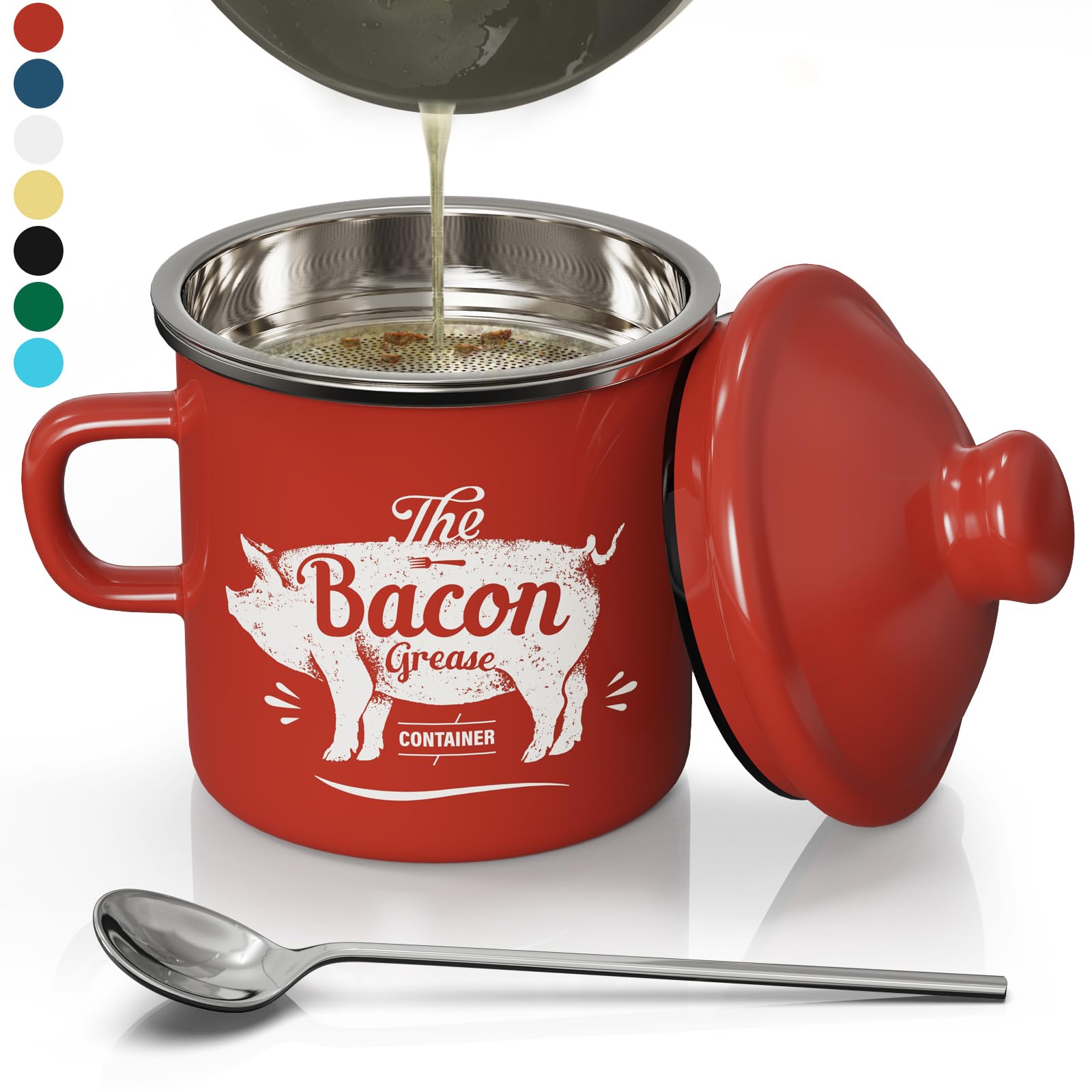 PGYARD mini bacon grease container in red enamel for easy storage after frying
