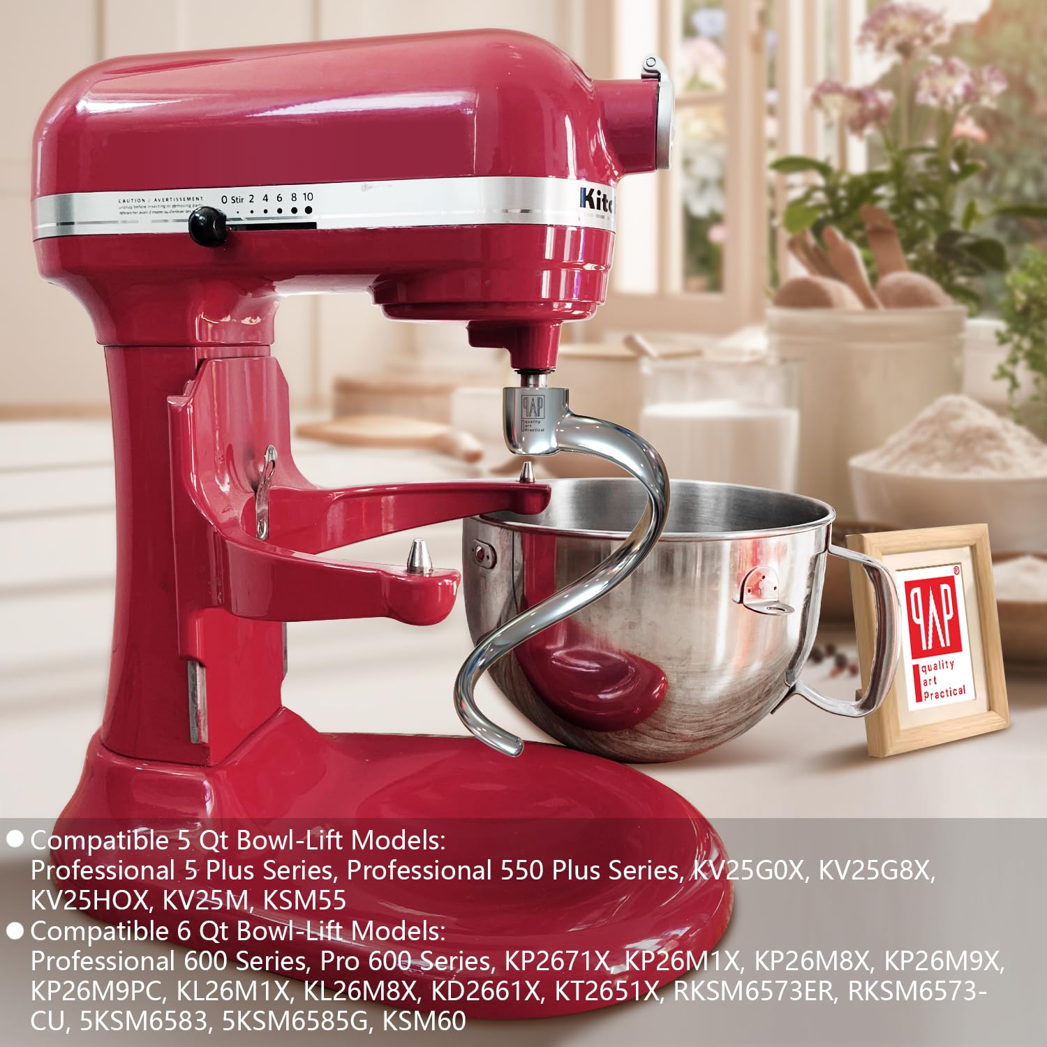 qAp Quality Art Practical spiral dough hook compatible with 5Qt KitchenAid models.