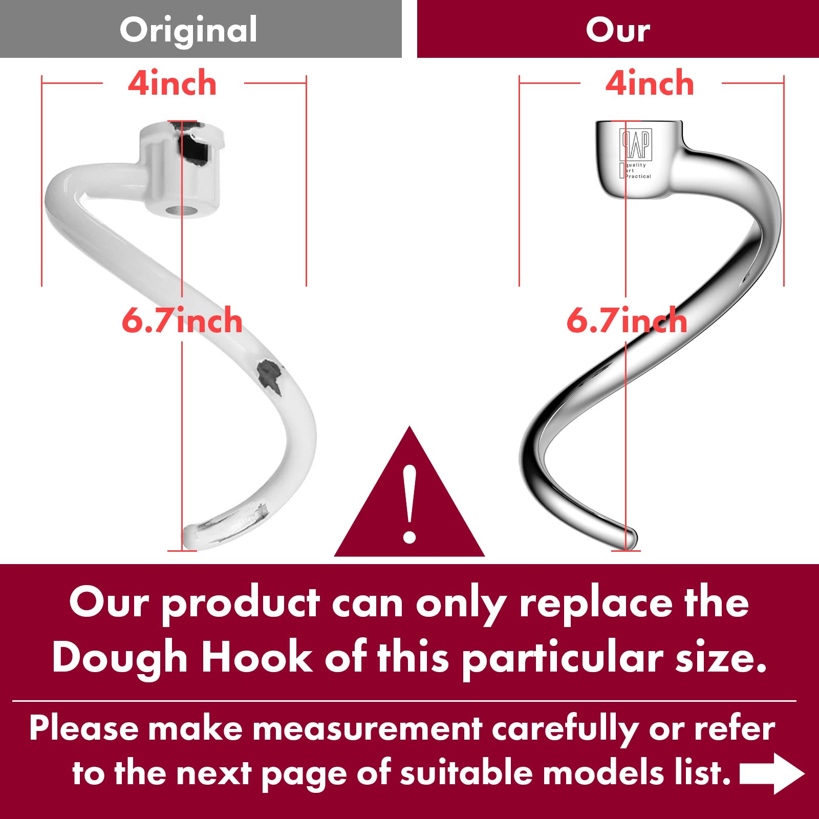 qAp Quality Art Practical dishwasher-safe dough hook for easy cleanup after baking.