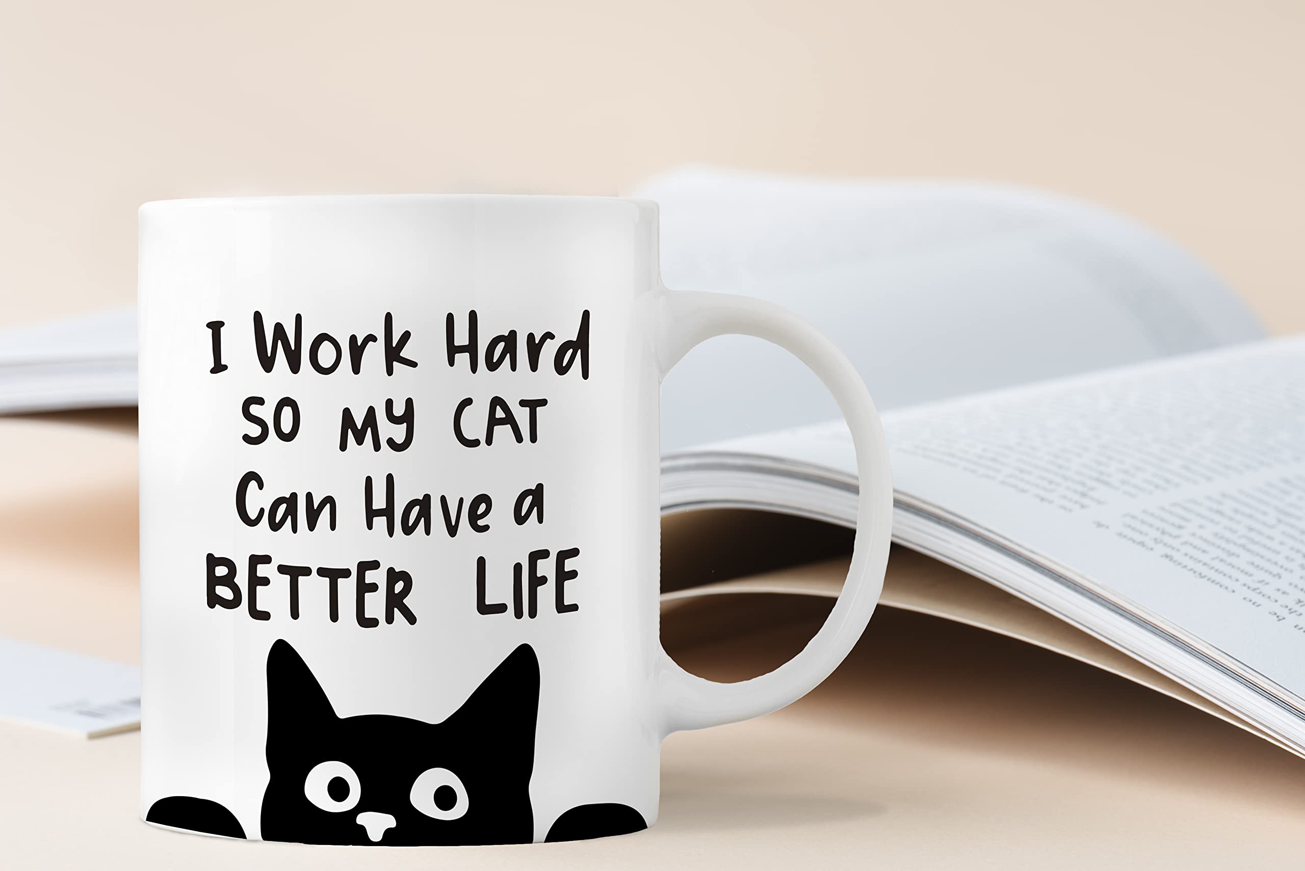 QASHWEY Work Hard Cat Life mug, back design, a playful gift for cat lovers.
