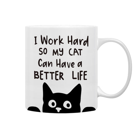 QASHWEY Work Hard Cat Life mug, front design, perfect for daily coffee at work.