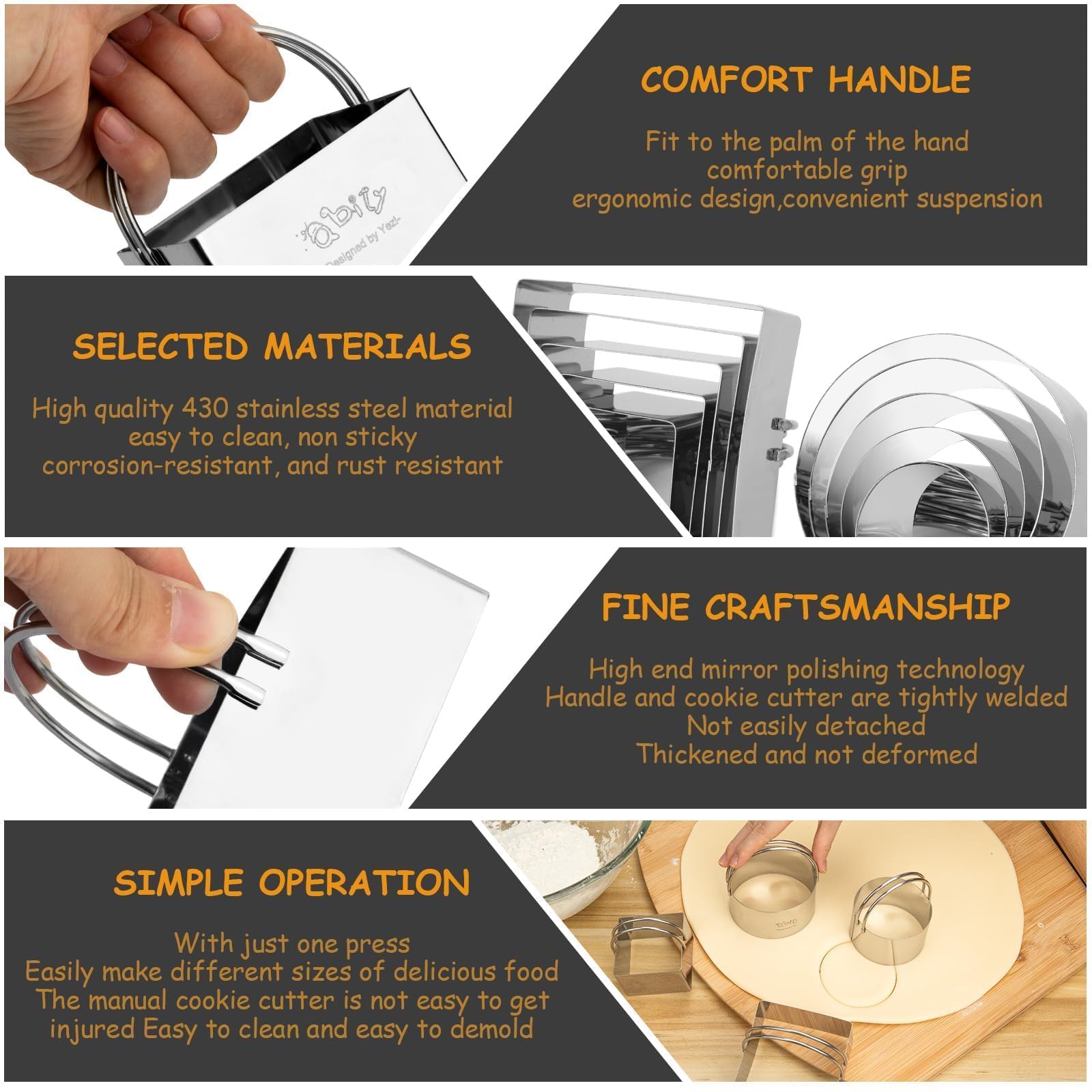 Qbily five size cutter set enables precise cookie sizes.