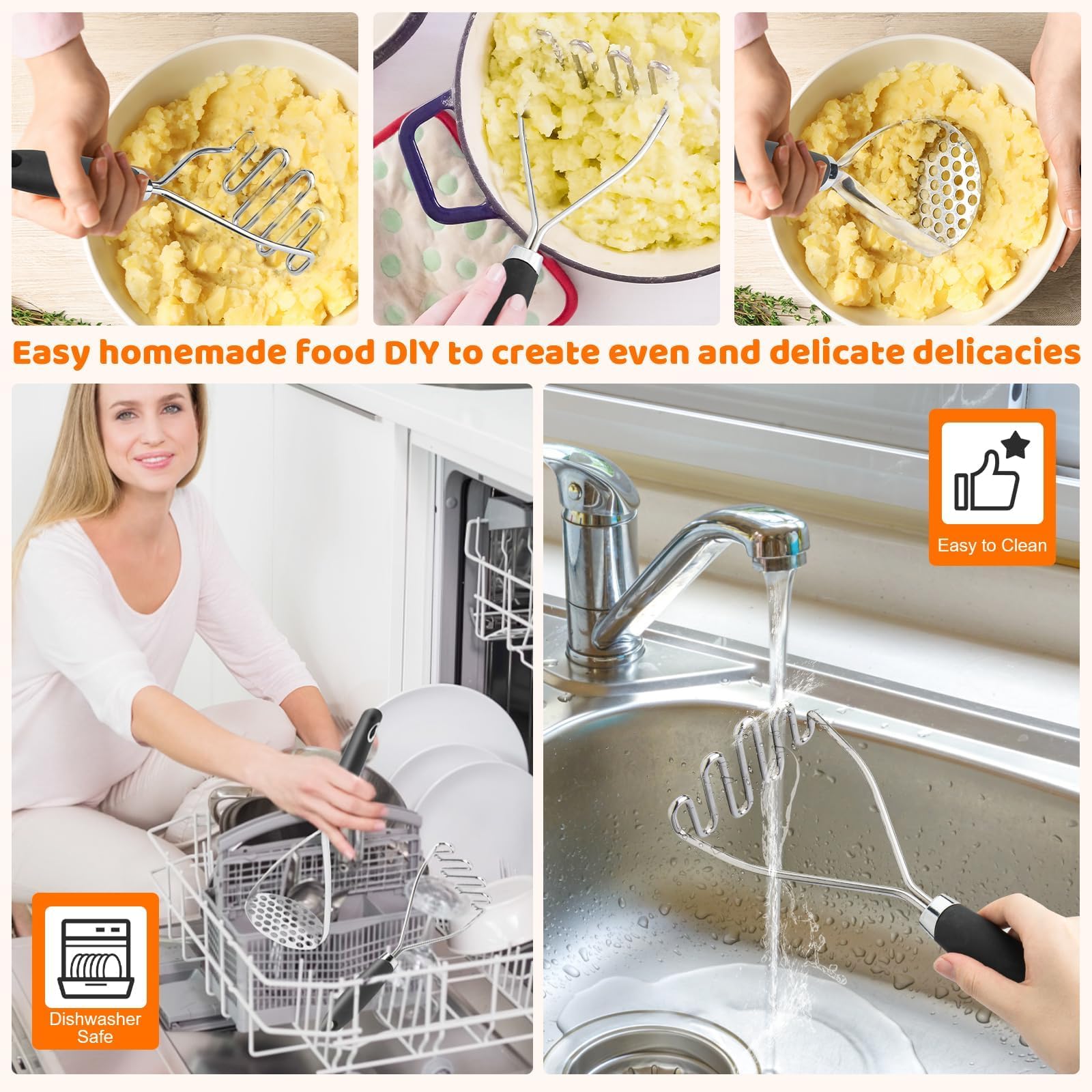Qbily dishwasher-safe masher for easy cleanup after cooking.