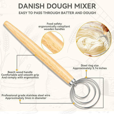 Qbily dough scraper with beech handle shown in use for clean dough removal.