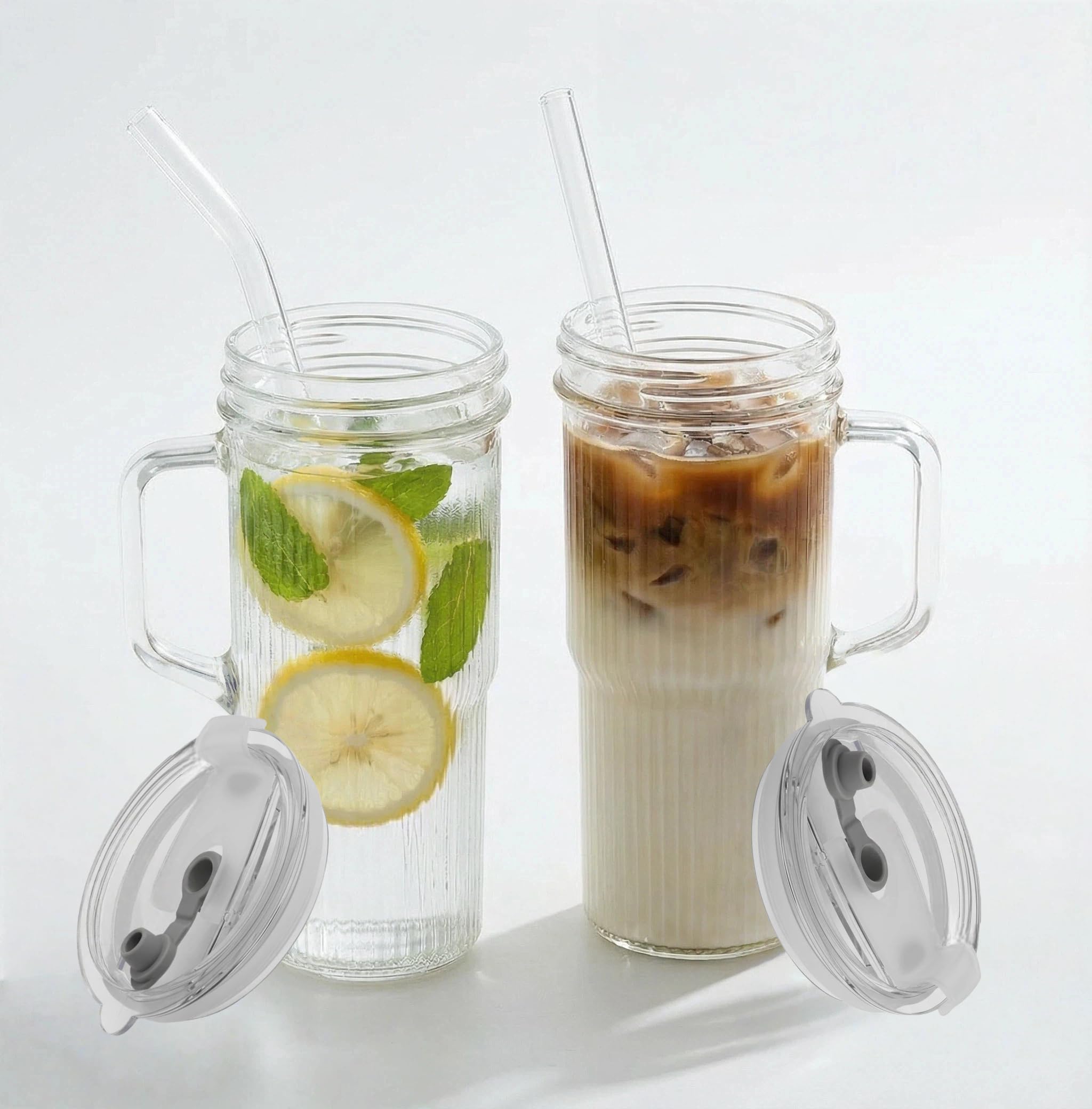 QBrBk 2-pack 24oz ribbed glass tumbler with leak-proof lid for travel.