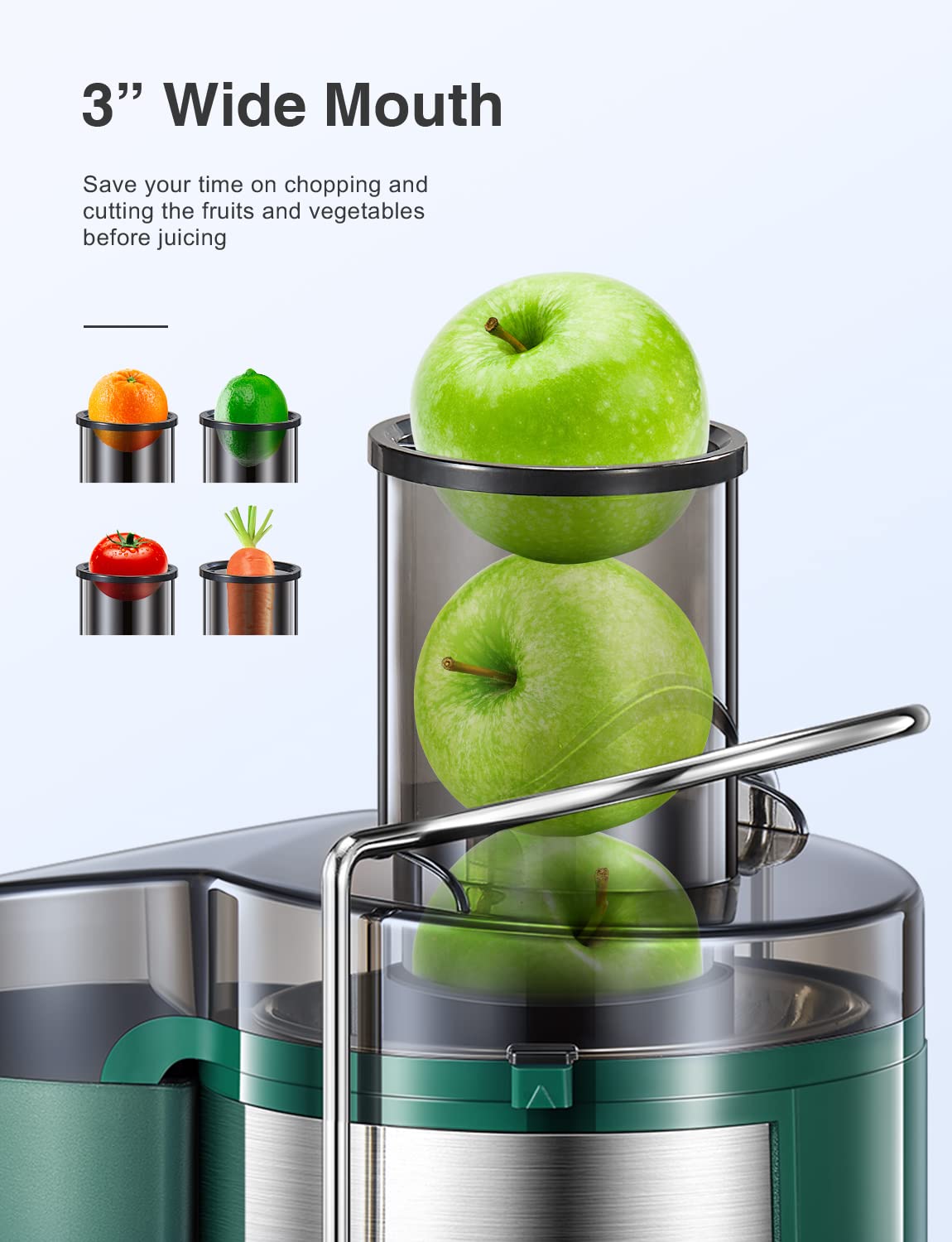 QCen Juicer display with dual-speed control for soft and hard produce.