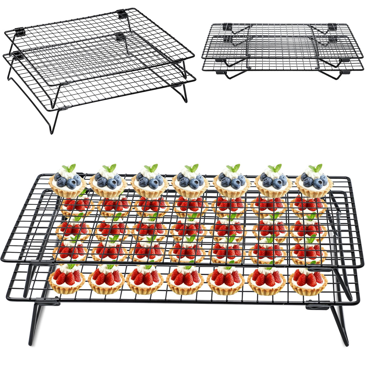 QCCTPUU stackable cooling rack with foldable legs for space-saving storage.