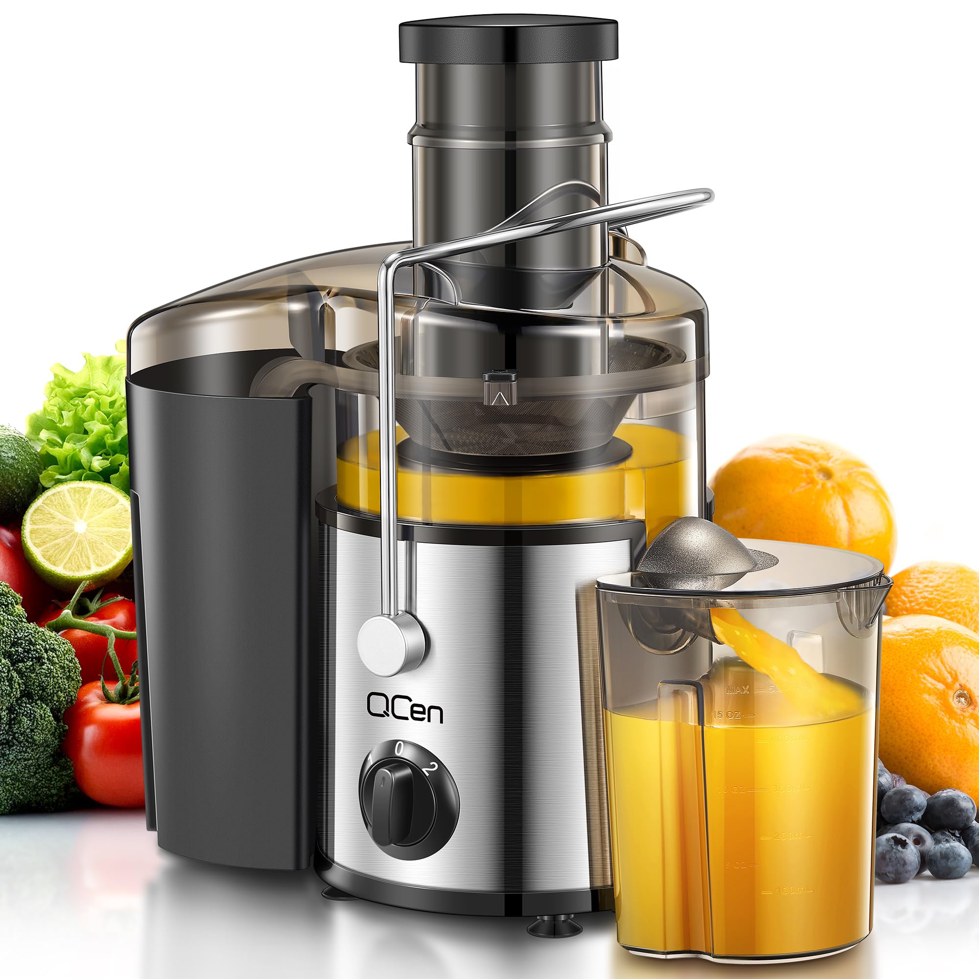QCen juicer with 500W motor for fast, efficient juicing