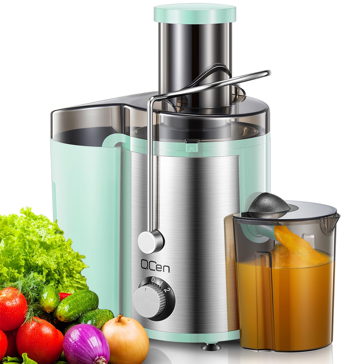 QCen juicer with 800W motor and wide mouth for fast prep