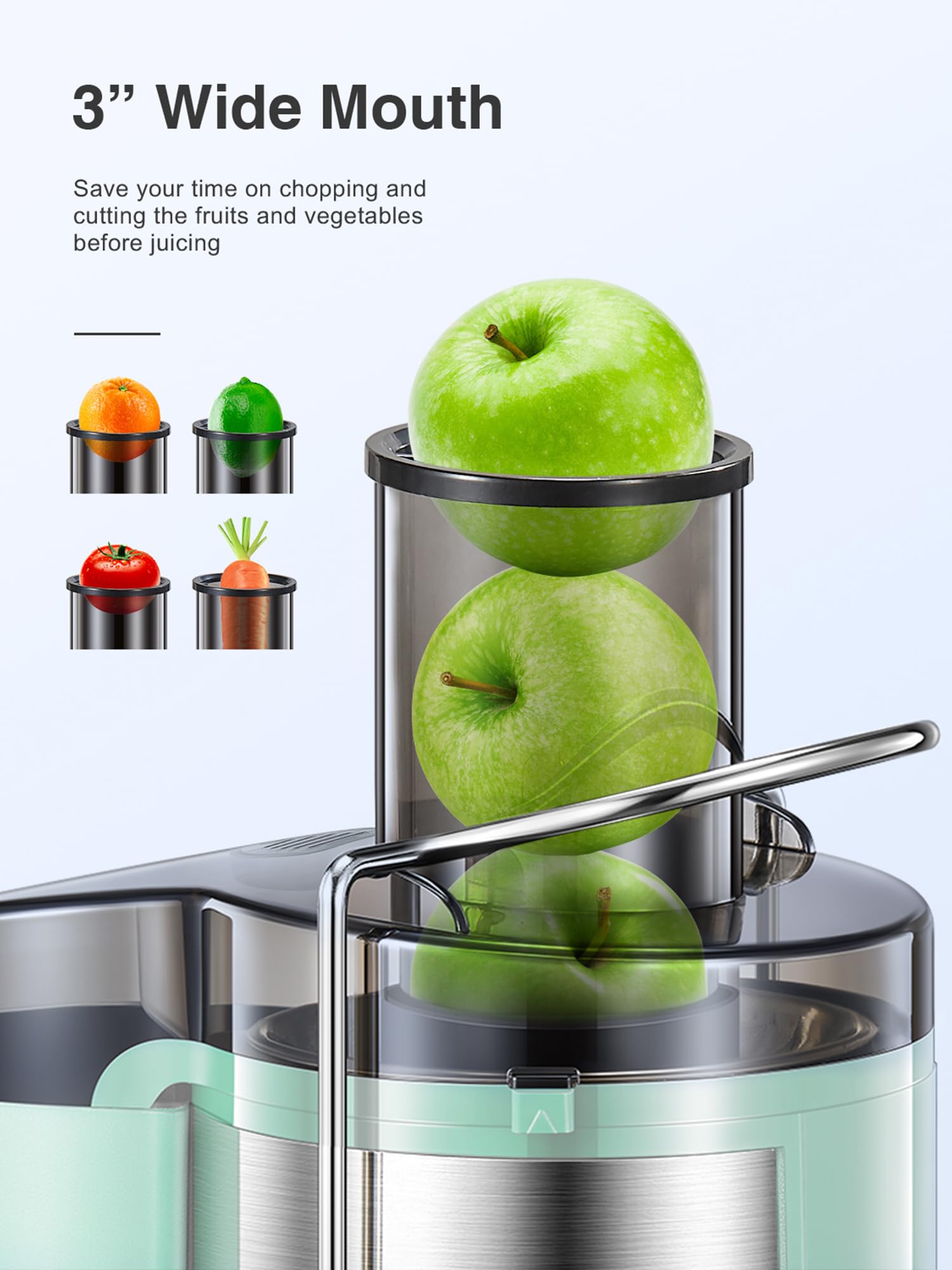 QCen juicer centrifugal design with stainless steel exterior for easy cleaning