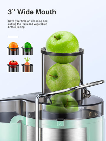 QCen juicer centrifugal design with stainless steel exterior for easy cleaning