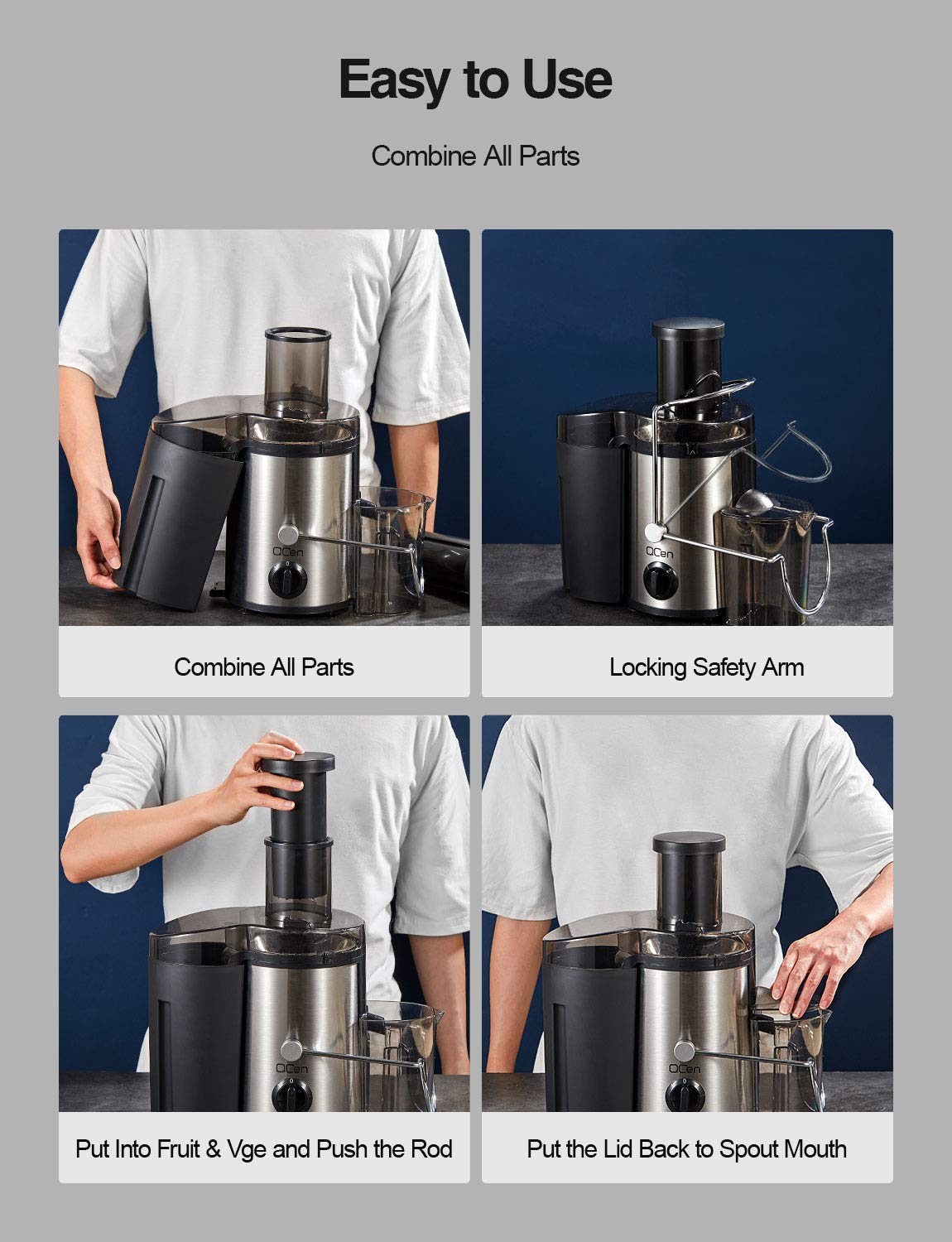 QCen juicer in-use with clear juice container for easy monitoring.