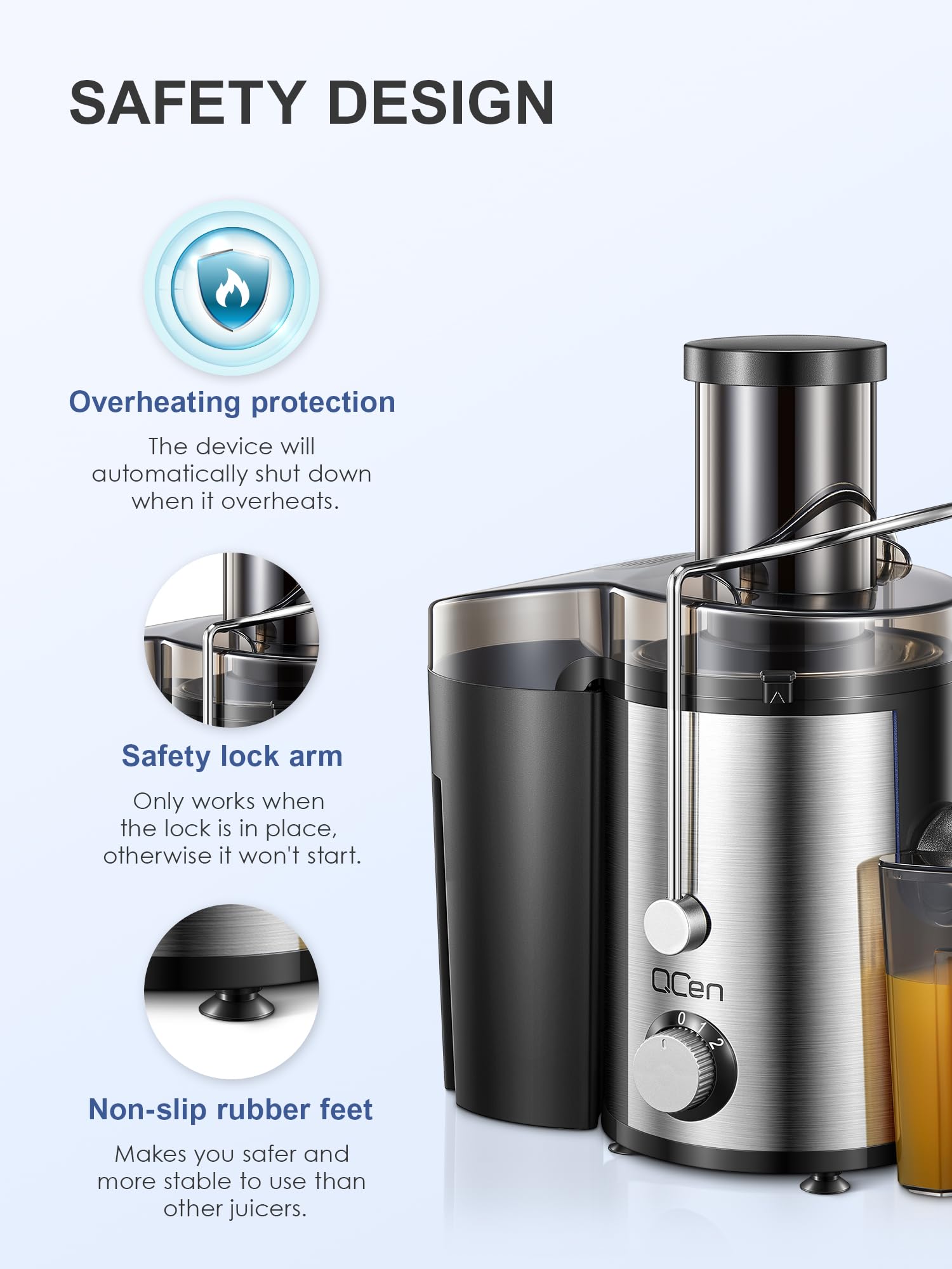 QCen juicer locking arm with overload protection for safe operation.