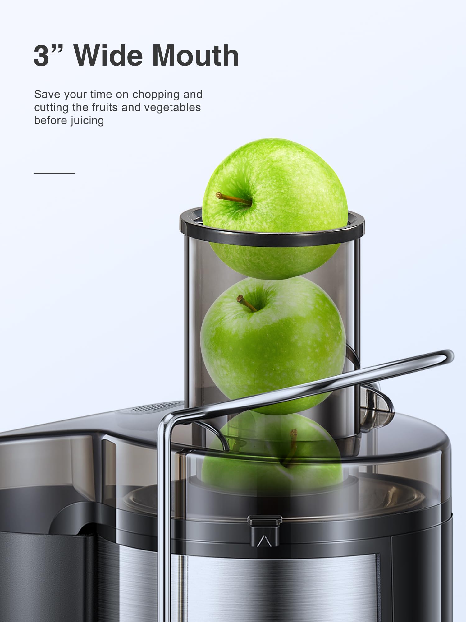 QCen juicer with wide mouth for easy pre-cut fruits and vegetables.