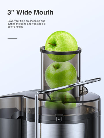 QCen juicer with wide mouth for easy pre-cut fruits and vegetables.