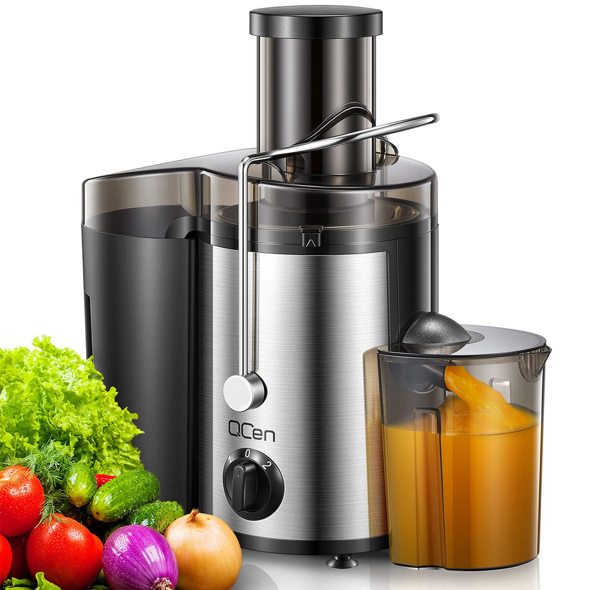 QCen juicer wide-mouth feed chute speeds prep and juicing.